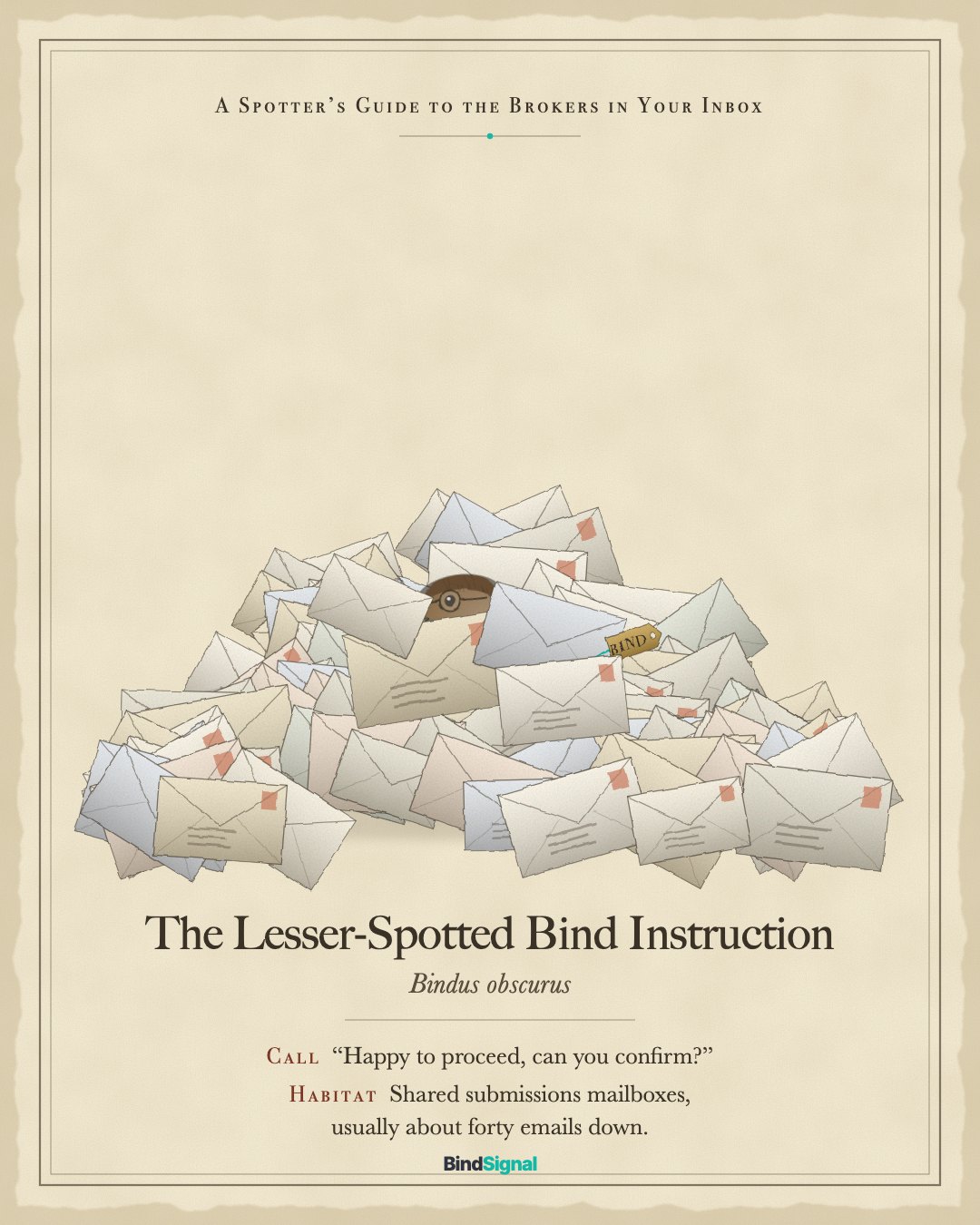 Field guide illustration: the Lesser-Spotted Bind Instruction, a small brown bird in reading glasses hidden in a heap of envelopes, with only its eye and a gold tag reading BIND showing