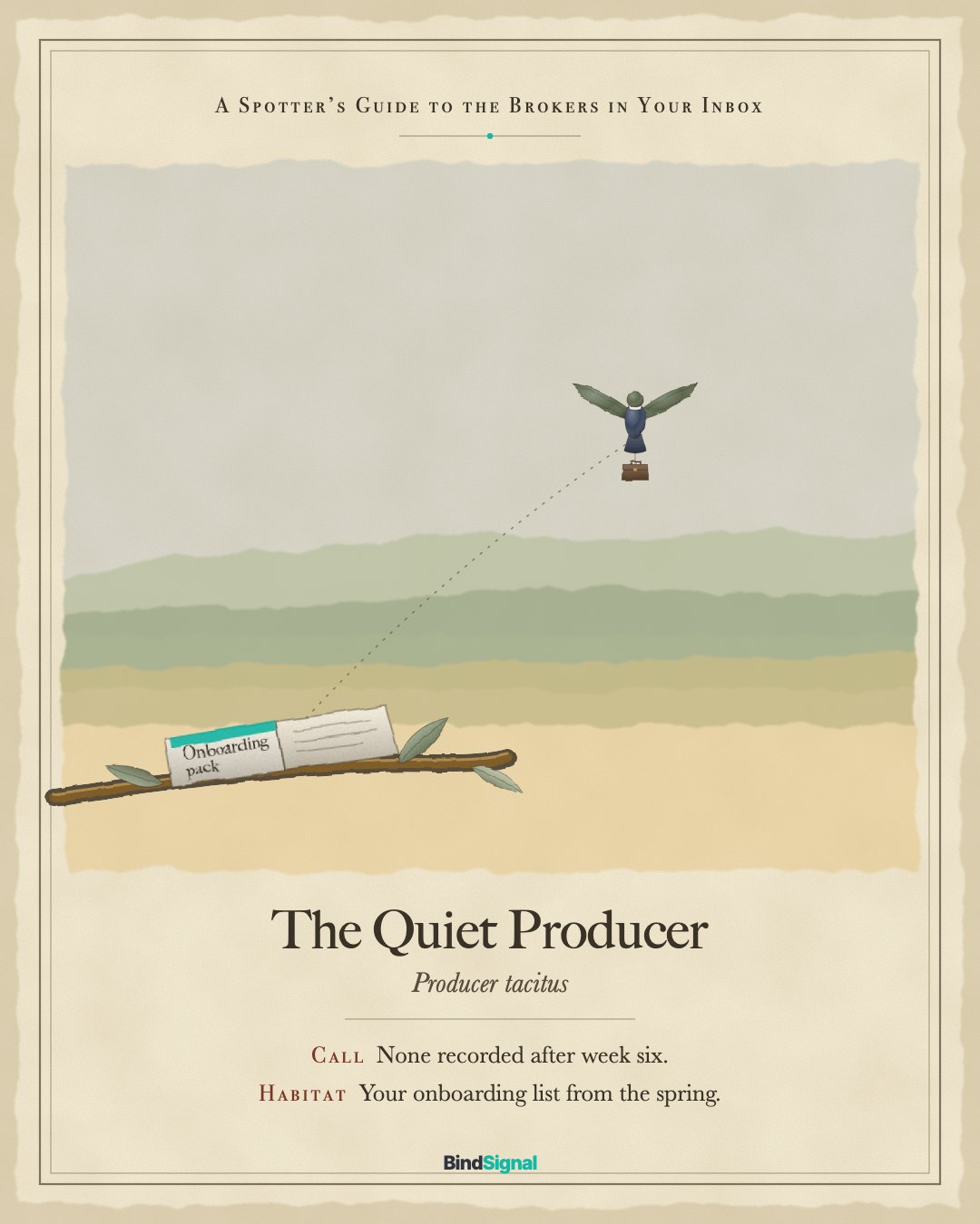 Field guide illustration: the Quiet Producer, a bird in a suit seen from behind, flying off towards the horizon with a briefcase and leaving an onboarding pack on the branch